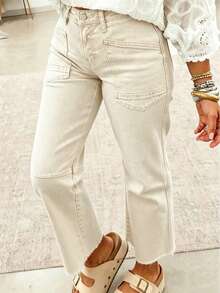 女款時尚直筒褲，曲邊彈性牛仔褲，純色，休閒優雅，毛邊設計，寬鬆舒適，彈性良好，適合日常穿著、約會、機場穿搭，四季皆宜 - 米白色 - 查看 3