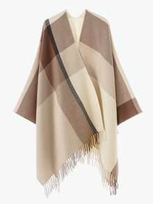 1pc Multicolor Optional Men's Autumn/Winter Vintage Plaid British Style Large Check Tassel Cardigan Cape Shawl, Loose Warm Thickened Cardigan Shawl - Multicolor - View 8