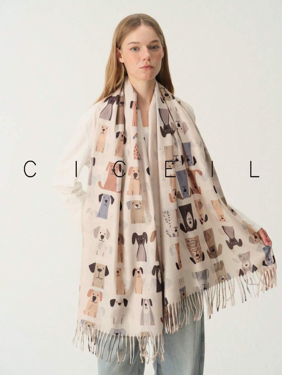 1pc Women's Cartoon Puppy Casual Fashion Cute Polyester Scarf, Suitable For All Seasons Daily Wear - Beige - View 1