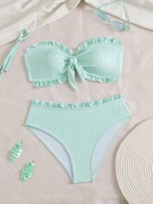 Women's Striped Printed Strapless Lace High Waisted Swimwear Detachable Shoulder Strap Bikini 2 Pieces Set - Multicolor - View 2