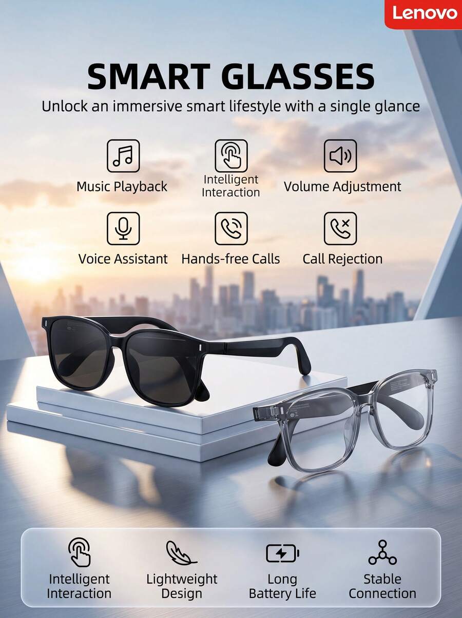 Lenovo GL2 Smart Bluetooth Audio Glasses: High-Transmittance Lenses, Open-Back Design For High-Definition Calls, Fingerprint Touch Control, IPX4 Waterproof, Versatile Glasses For Commuting, Travel, And More. - View 1