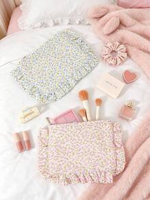 Cute Floral Print Makeup Bag With Pleated Edge Design,Large Capacity Handbag,Portable Zipper Storage Bag,Travel Storage Bag,Coin Wallet,Toiletries Bag - Multicolor - View 9