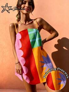 Sea Starshine Spring/Summer New Arrival: Women's Tropical Color Block Geometric Print Mini Cami Dress Elegant - Multicolor - View 2