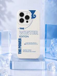 1pc Minimalist Text 15 14 13 12 11 18Pro Max 17Pro Max Phone Case, Cream White Textured Leather Background, Klein Blue "The Winter Edition The Power" Energy Drink Text Abstract Curve Pattern, Cream White Border Shockproof Phone Case - Beige - View 3