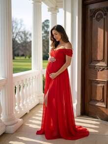 Off-The-Shoulder Lace Maternity Dress - Red - View 3
