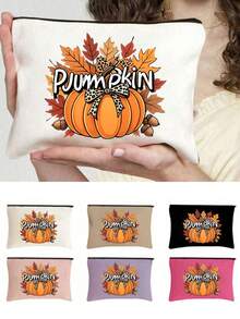 Fall Pumpkin Maple Leaf Print Cosmetic Bag, Zipper Makeup Pouch, Portable Toiletry Storage Bag, Autumn Thanksgiving Holiday Gift For Women, Travel Daily Use - Multicolor - View 1