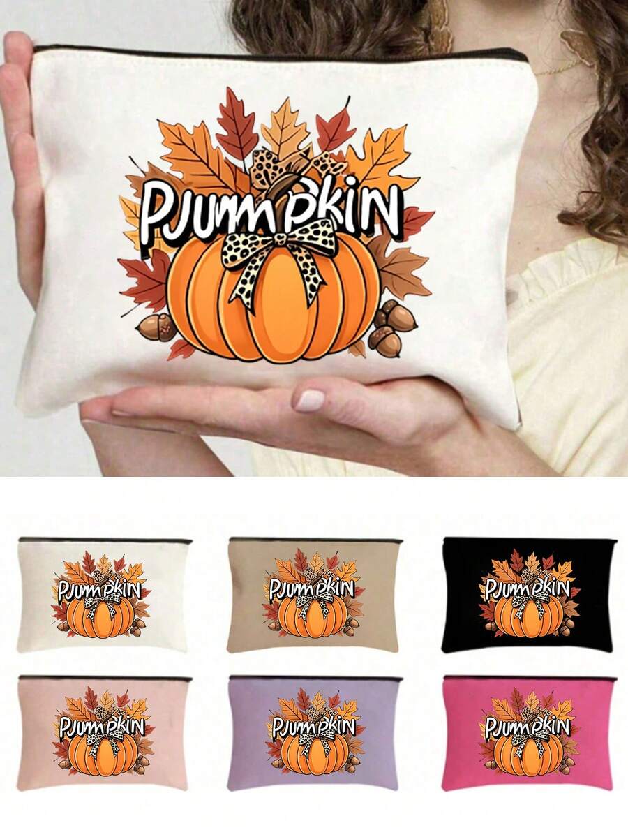 Fall Pumpkin Maple Leaf Print Cosmetic Bag, Zipper Makeup Pouch, Portable Toiletry Storage Bag, Autumn Thanksgiving Holiday Gift For Women, Travel Daily Use - Multicolor - View 1