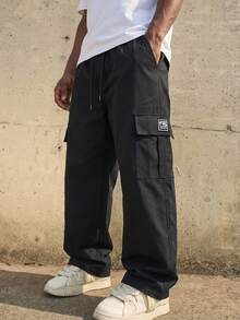 Men's Cargo Pants, Black Outdoor Loose Fit Sports Pants, Straight Leg Wide Leg Long Pants, Drawstring Waist Multi-Pocket Casual Pants, Slimming Versatile Daily Commute - Black - View 8