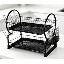 2-Tier Dish Drying Rack With Drain Tray, Cutlery Holder & Cup Rack, Large Capacity Metal Kitchen Organizer – Black / Silver - Black - View 5