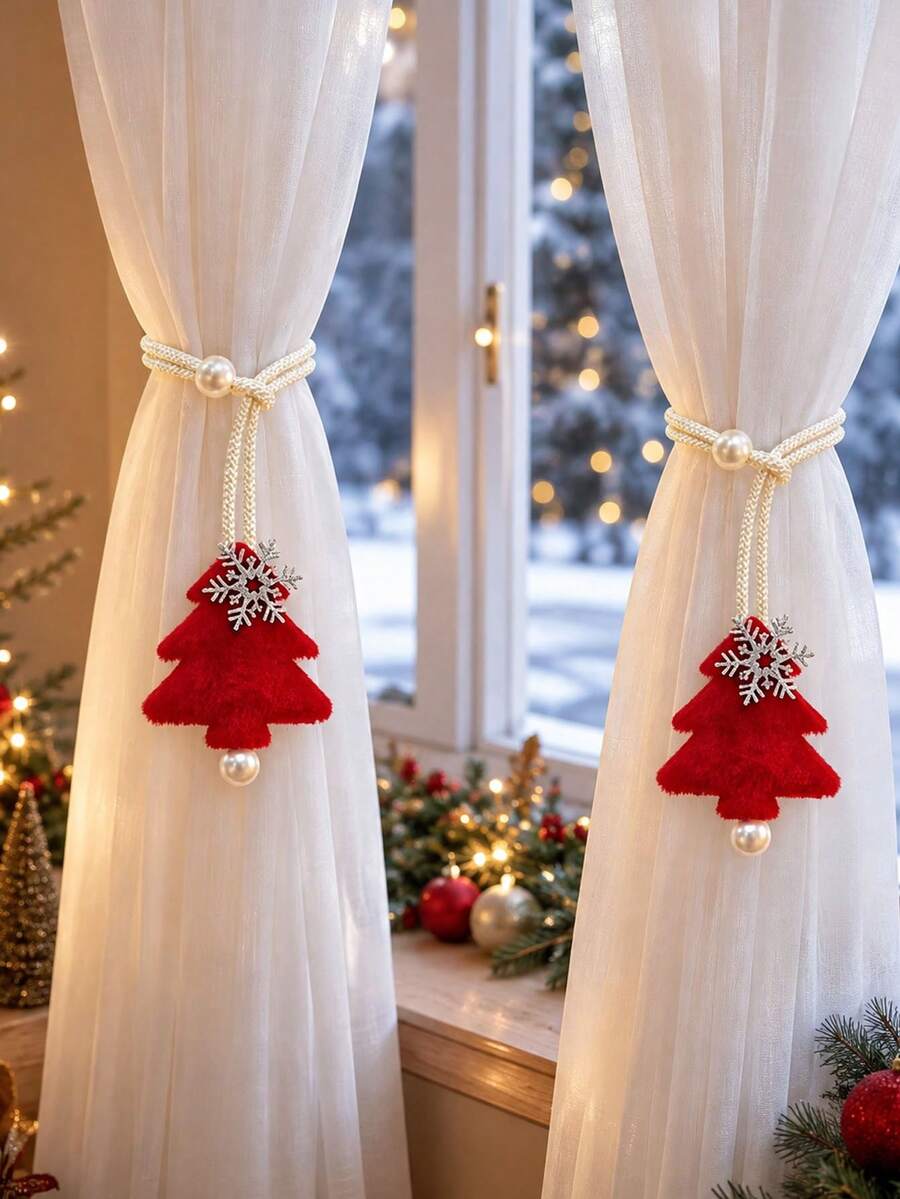 1/2pcs Christmas Tree Snowflake Curtain Tiebacks, Red Plush Holiday Curtain Tiebacks With Pearl Rope, Living Room And Bedroom Holiday Curtain Decor - Multicolor - View 1