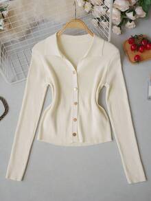 Women's Design Metal Button Lapel Ribbed Knit Cardigan, Single-Breasted Slim Fit Flattering Inner Layer Sweater Top, Autumn/Winter New Style - Apricot - View 7