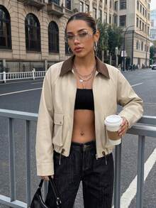Women's Fashion Elegant Minimalist Colorblock Dual Pocket Design Drawstring Hem Zipper Short Lightweight Jacket Commuter Casual Versatile Woven Fabric Solid Color Zipper Drawstring Office Daily Vacation Holiday Airport Travel - Multicolor - View 3