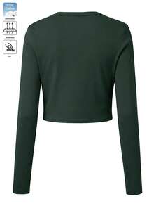 Women's Pure Cotton Long Sleeve T-Shirt, Autumn/Winter Basic Cropped Top - Dark Green - View 4