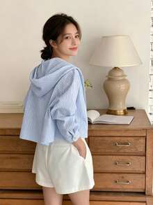 Korean Chic Striped Contrast Color Single Breasted Loose Fit Long Sleeve Hooded Sun Protection Shirt For Women, Summer Spring - Blue - View 5