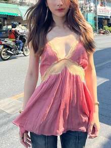 Top Dazzle Women's Fashion Pink Spaghetti Strap Camisole, Ruffle Collar Design With Delicate Lace Trim, Suitable For Summer - Pink - View 4