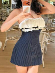 Top Dazzle Casual Pinstripe Tube Top Mini Dress With Ruffled Bustier And Backless Detail For A Chic And Flirty Look - Blue - View 1