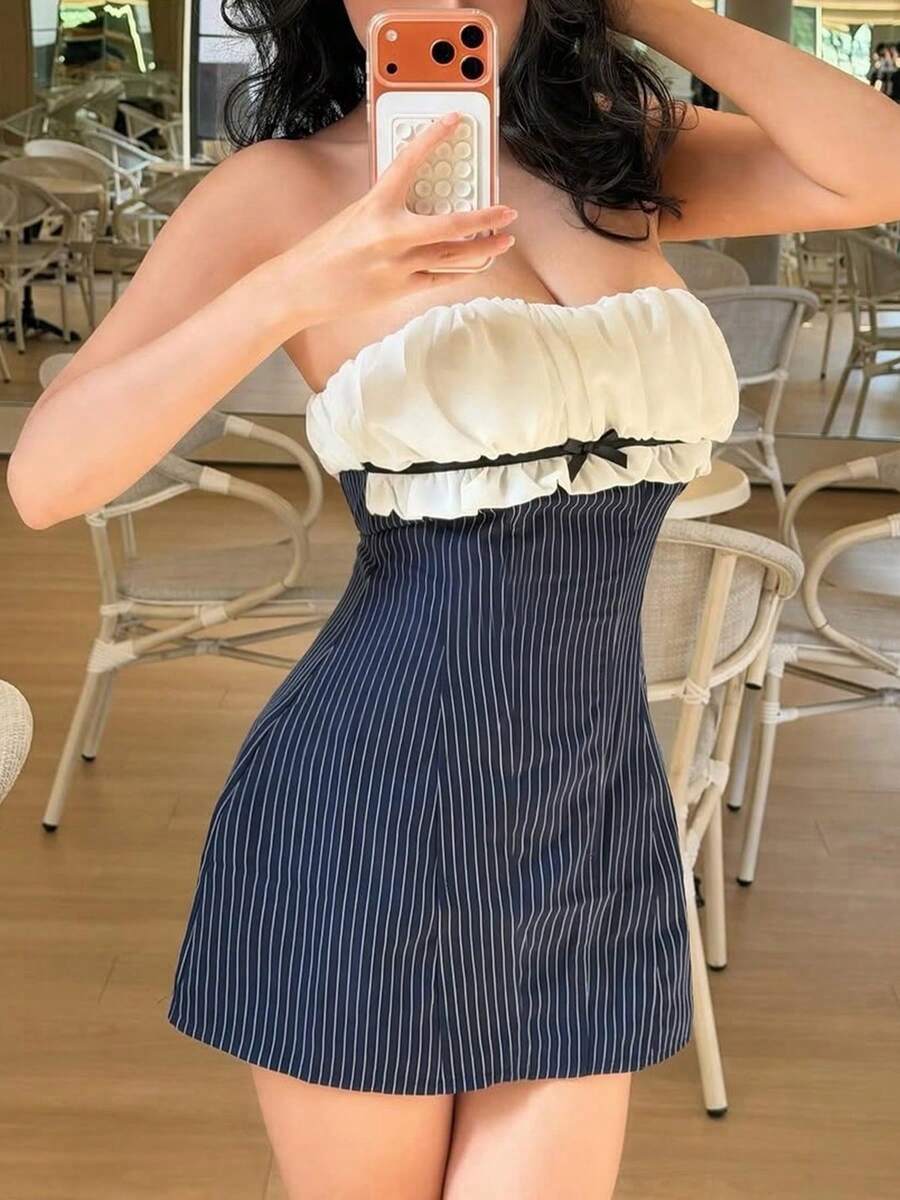 Top Dazzle Casual Pinstripe Tube Top Mini Dress With Ruffled Bustier And Backless Detail For A Chic And Flirty Look - Blue - View 1