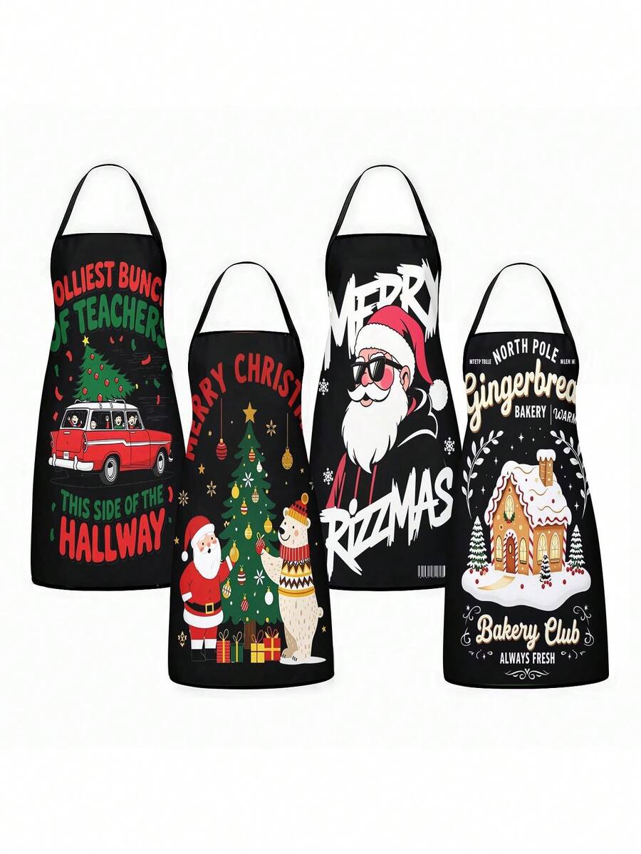 4pcs Christmas Cartoon Character Print Apron Set, Penguin Santa Snowman Elf Pattern Kitchen Cooking Baking Aprons For Holiday Party Home Decoration - Multicolor - View 1