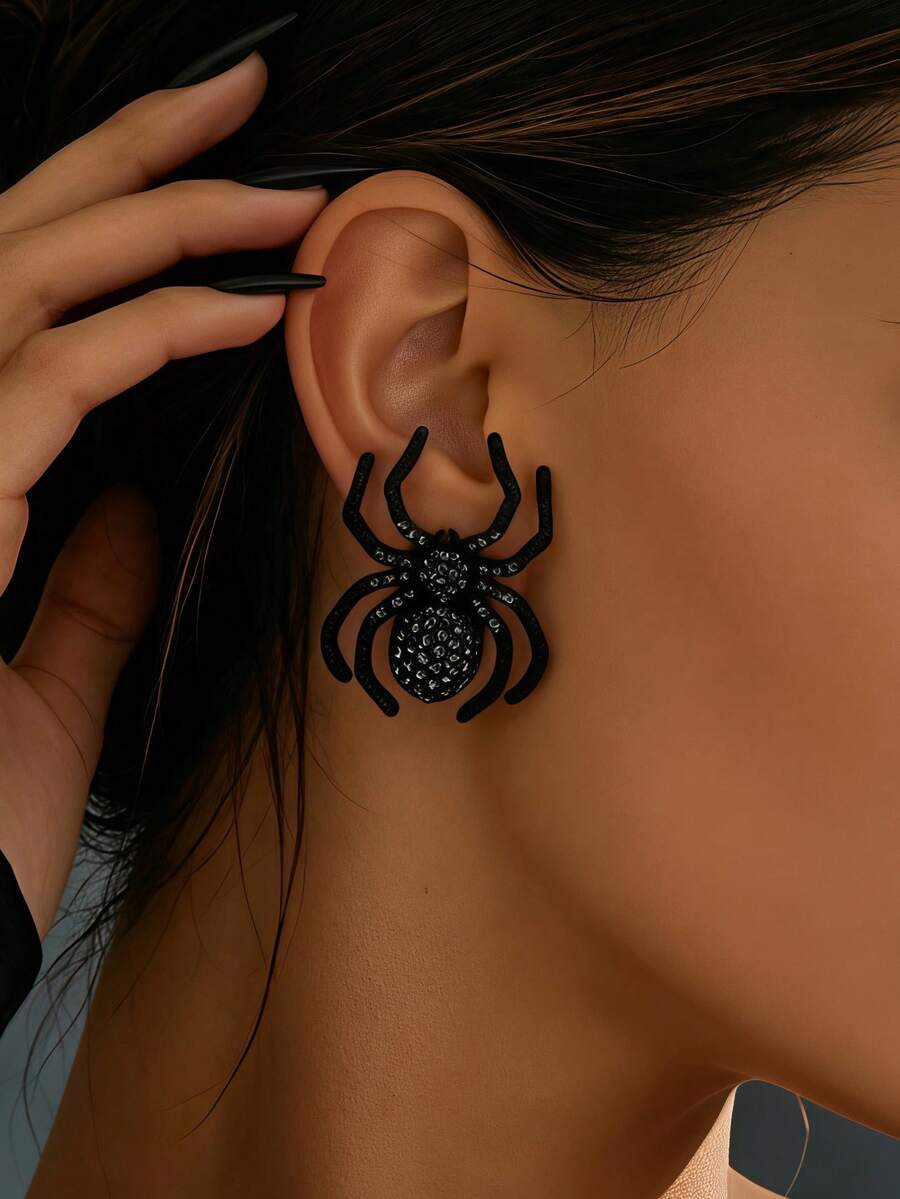 1 Pair Women's Exaggerated Full Rhinestone Black 3D Spider Stud Earrings, Dark Gothic Style, Suitable For Halloween Costume Party Wear - Black - View 1