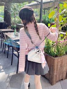 Pink Striped 2 In 1 Sweater Women's Autumn Gentle Loose Knit Cardigan Top - Pink - View 9