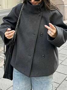 女款梭織布飛行夾克，高領長袖，附鈕扣細節，標準長度，打造時尚冬季造型 - 深灰色 - 查看 4