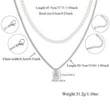 2pcs/Set New Rectangular Letter Pendant Stainless Steel Chain With Faux Pearl Beads Layered Necklace For Men - Silver - View 2