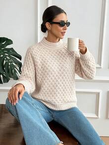 SEREN Sweater Pullover Lengan Panjang Rajut Waffle Musim Gugur/Dingin Wanita, Atasan Rajut Leher Setengah Tinggi, Gaya Bohemian Kasual - Aprikot - View 3