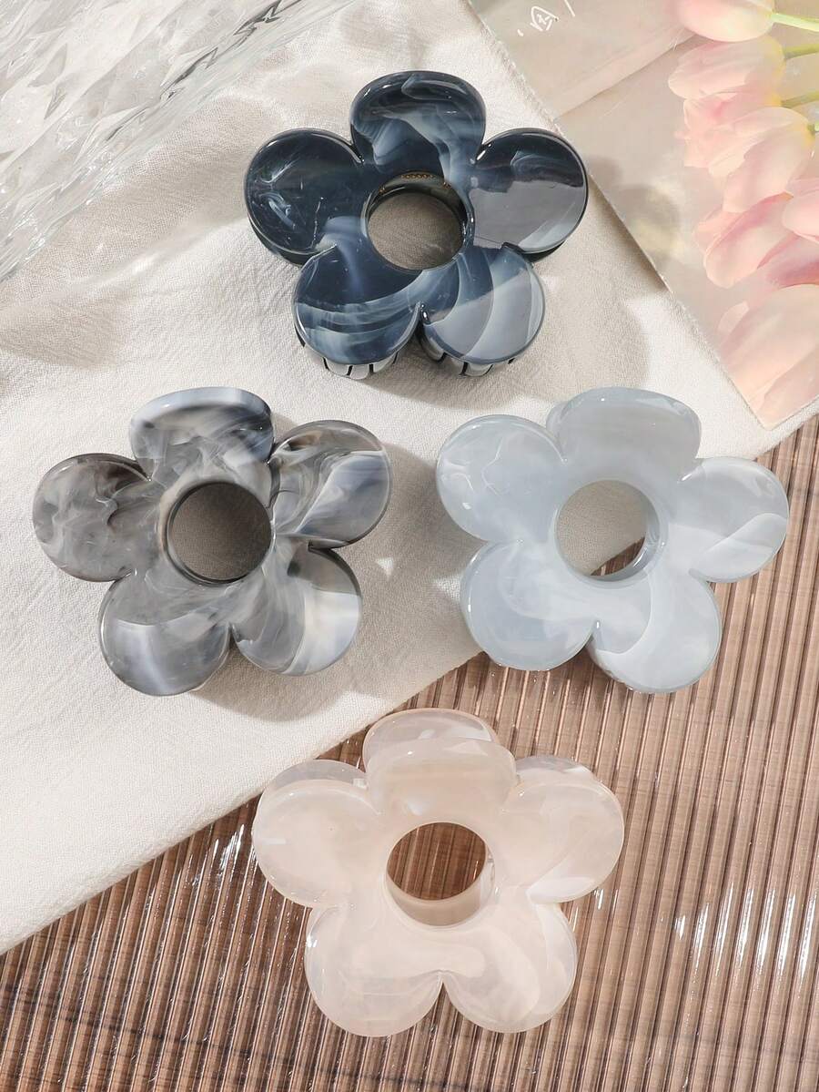 4入波希米亞風女孩極簡藍灰色大理石紋紮染鏤空花朵髮夾 優雅溫柔仙氣海灘風派對髮飾 - 彩色 - 查看 1