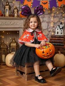 Baby Girls Round Neck Solid Color Party Tutu Princess Dress Pumpkins Ghost Cape 2pcs Set Suitable For Halloween Party, Headband Not Included - Multicolor - View 5