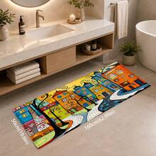 1pc Cartoon Town Pattern Printed Faux Cashmere Kitchen Mat, Absorbent Kitchen Rug, Kitchen Carpet, Long Strip Doormat, Sink Front Mat, Suitable For Kitchen, Bathroom, Entryway, Hallway, Laundry Room And Home Decor - Multicolor - View 13