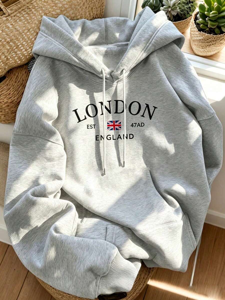 倫敦英國國旗字母印花連帽衛衣，英倫旅行風日常街頭穿搭上衣，秋季休閒款