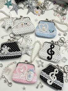 Lace Handmade Coin Purse, Vintage Polka Dot Music Note Bluetooth Earphone Bag, Lipstick Pouch, Keychain Pendant - Multicolor - View 4
