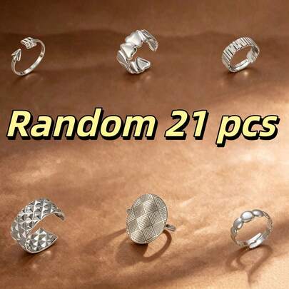 21pcs Casual Geometric Embossed Open Rings, 304 Stainless Steel Adjustable Matte Finger Rings, Suitable For Women's Daily And Vacation Wear