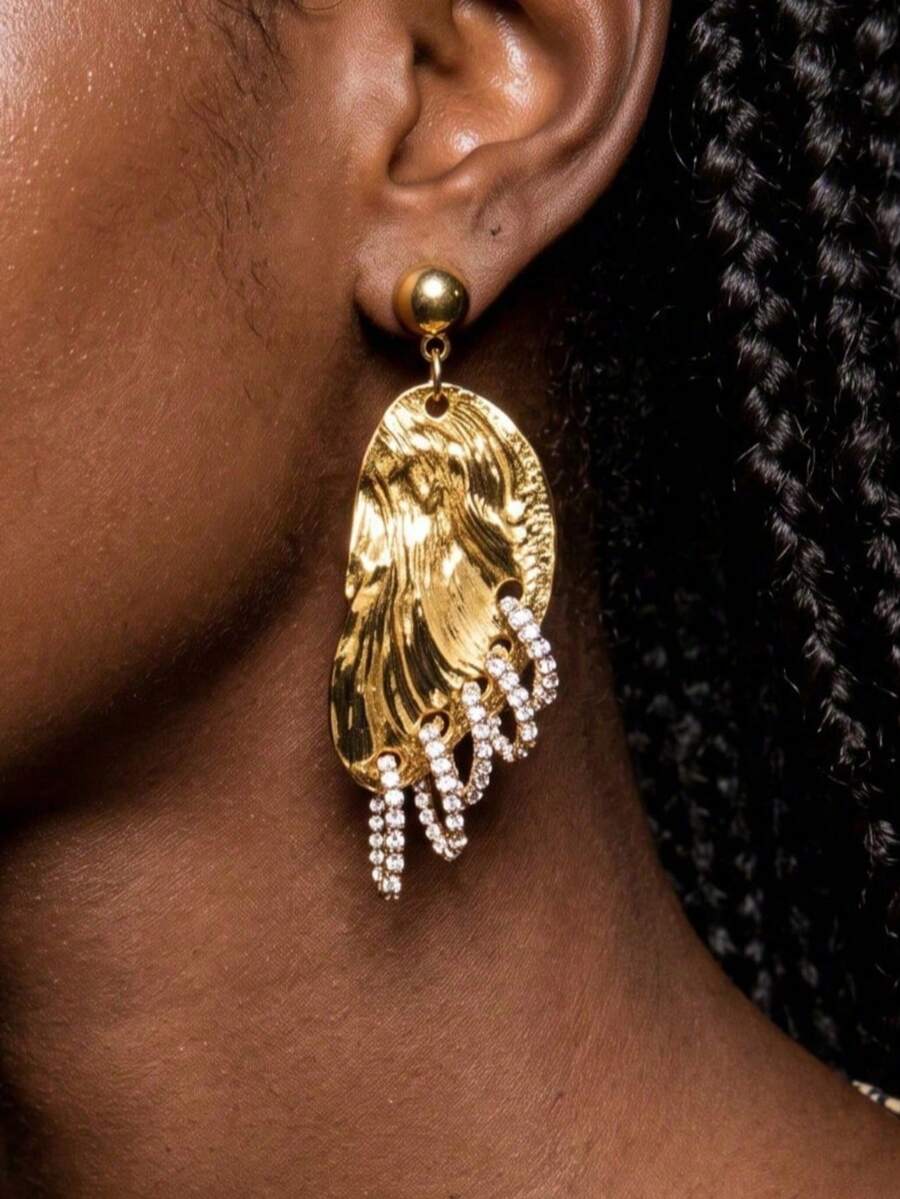 2 pièces Boucles d'oreilles pendantes asymétriques élégantes et exquises avec feuilles et franges, incrustées de CZ en métal doré, convenant pour les fêtes, les rassemblements, les cadeaux - Doré - Voir 1