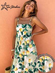 Women's Casual Elegant Vacation Style Lemon Leaf All-Over Print Spaghetti Strap Dress, Spring/Summer - Multicolor - View 1