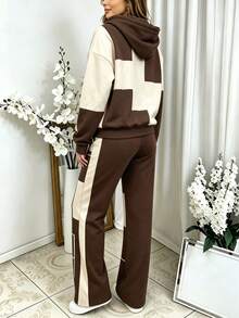 Women 2 Pcs Color Block Hooded Sweatshirt & Wide Leg Pants Set, Casual Fall Streetwear Matching Outfit, Loose Fit Lounge Set, Everyday Comfy Tracksuit - Brown + Apricot - View 4