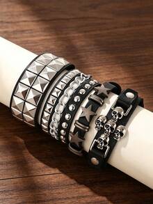 4Pcs Punk Gothic PU Leather Bracelet, Skull Star Pyramid Stud Multi-Layer Wristband, Adjustable Bracelet For Women Men, Rock Festival Party - Black - View 5