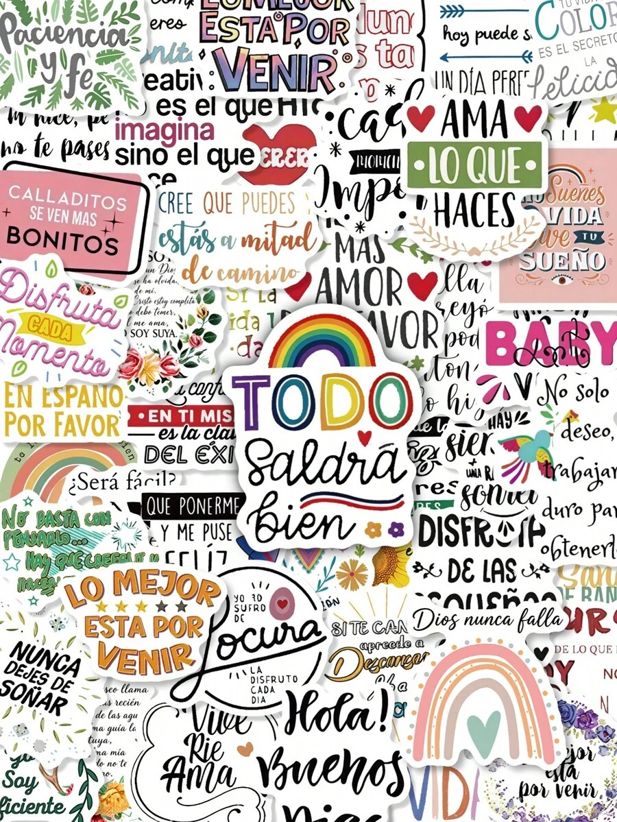50Pcs Spanish Positive Quote Stickers, Inspirational Motivational Spanish Phrase Decals, Colorful Encouraging Text Sticker Pack For Journal, Water Bottle, Phone Case, Laptop & Scrapbook Crafts - Multicolor - View 1