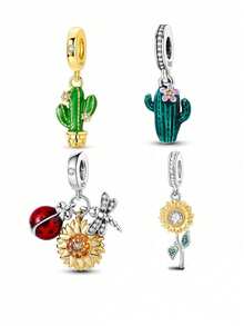 1pc Silver-Plated Plant & Flower Beaded Pendant, Color-Blocked Gold-Plated Cactus, Sunflower, Ladybug & Dragonfly Combination, Colorful Enamel & Rhinestone Fresh Natural Style, Suitable For Bracelet & Necklace, Perfect For Handmade DIY Jewelry Making & Mori Style Daily Gifts - Multicolor - View 1