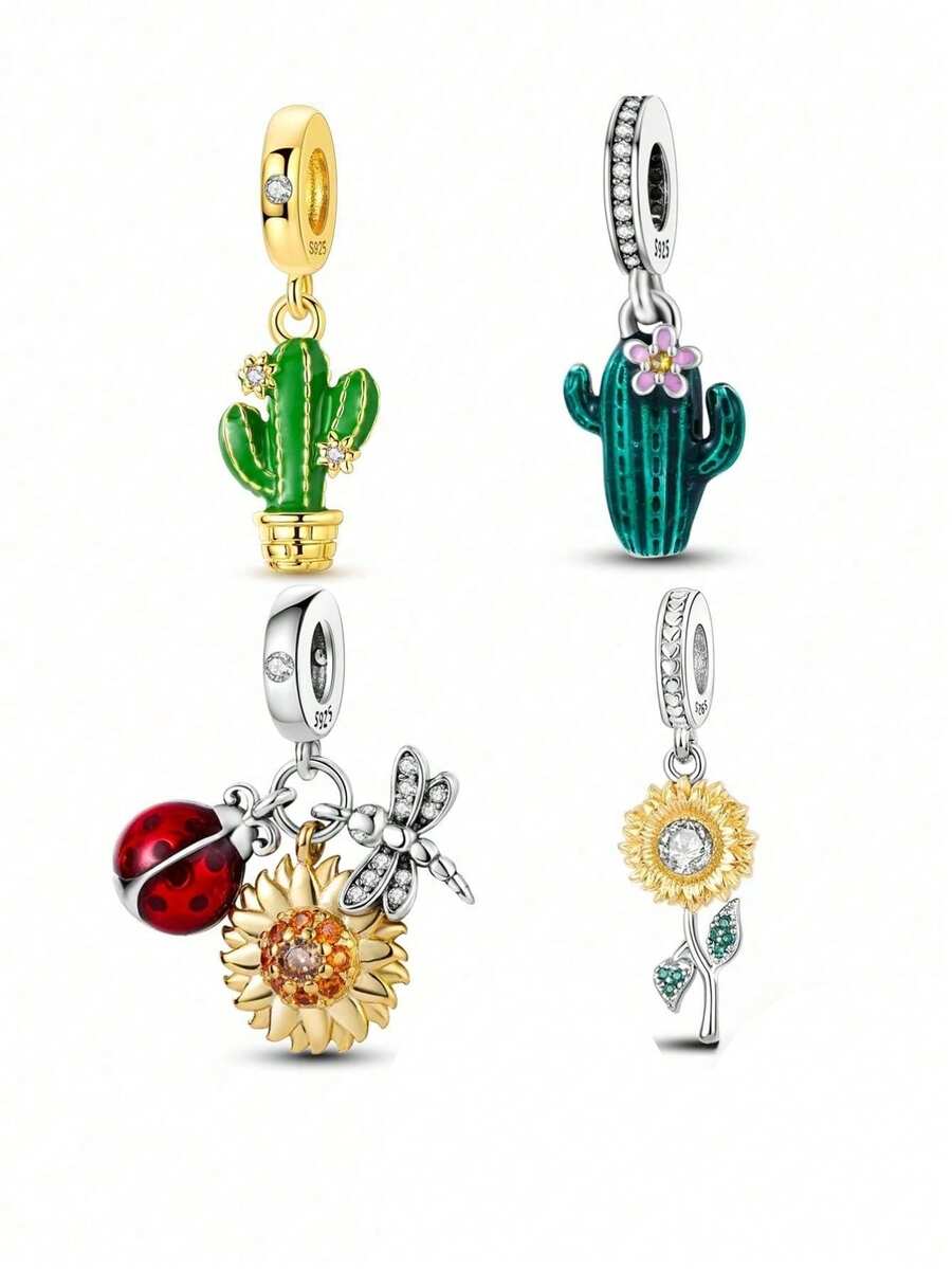 1pc Silver-Plated Plant & Flower Beaded Pendant, Color-Blocked Gold-Plated Cactus, Sunflower, Ladybug & Dragonfly Combination, Colorful Enamel & Rhinestone Fresh Natural Style, Suitable For Bracelet & Necklace, Perfect For Handmade DIY Jewelry Making & Mori Style Daily Gifts - Multicolor - View 1