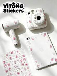 1pc Sweet Pink Glitter Christmas Decorative Sticker, Peach Pink With Fine Glitter Texture, Sweet And Soft Style. Can Be Applied To Cameras, Hair Dryers, Tablets, Various Electronic Device Shells And Other Smooth Flat Surfaces, Adding A Gentle And Sweet Holiday Atmosphere To Your Personal Items. - Christmas Makeup - View 1