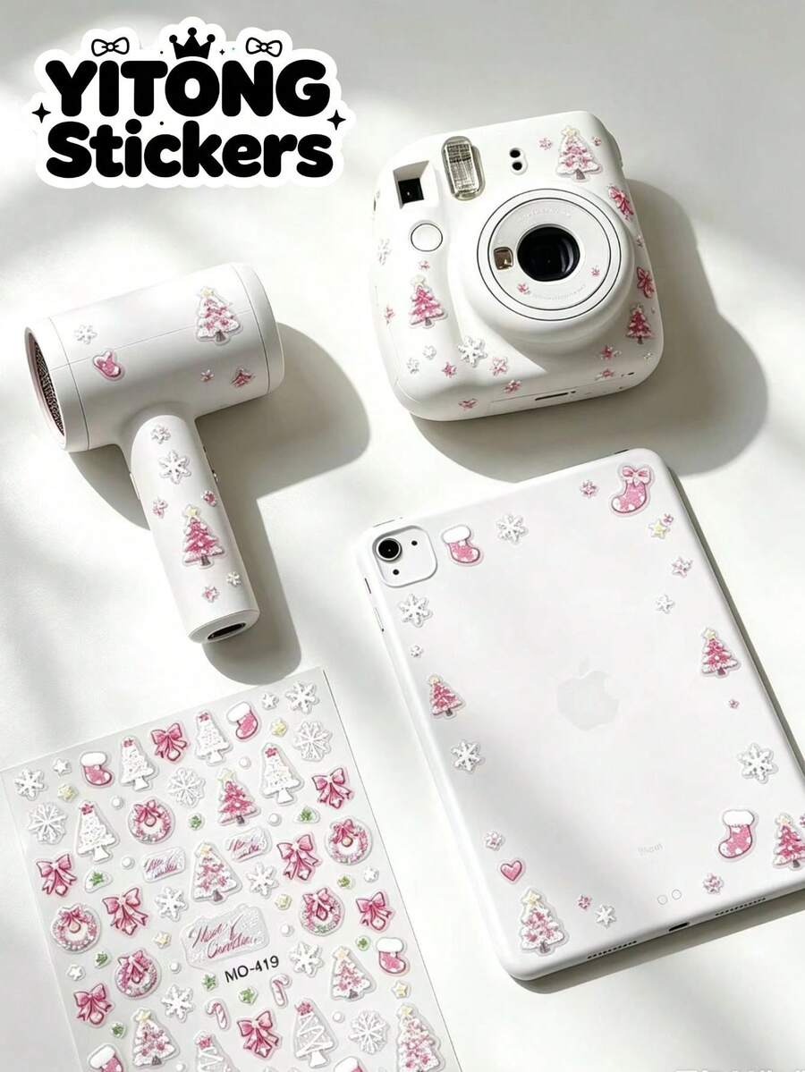 1pc Sweet Pink Glitter Christmas Decorative Sticker, Peach Pink With Fine Glitter Texture, Sweet And Soft Style. Can Be Applied To Cameras, Hair Dryers, Tablets, Various Electronic Device Shells And Other Smooth Flat Surfaces, Adding A Gentle And Sweet Holiday Atmosphere To Your Personal Items. - Christmas Makeup - View 1