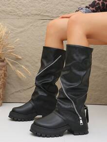 Women's Loose Fit Knee-High Thick Sole Boots With Zipper Detail - Black - View 2