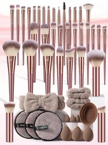 48 Pcs/3 Pcs Total Makeup Tool Kit, Including 32 Pcs Pearlescent Pink Three‑Color Makeup Brushes, 3 Pcs Short Flat Base Brushes And 13 Pcs Makeup Accessories, For Quick Foundation Spreading And Even Skin‑Friendly Base Makeup Results. - Multicolor - View 13