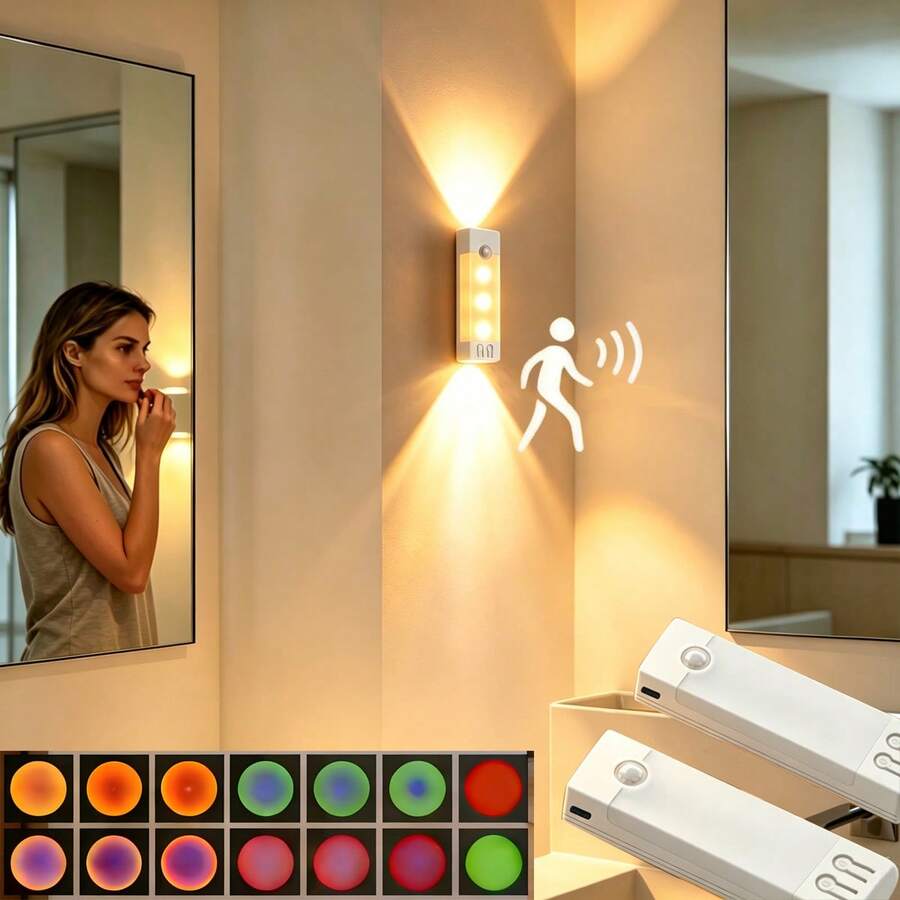 1pc Magnetic Charging LED Wall Light, LED Night Light With Motion Sensor, Indoor Wall Lamp, Battery Powered, Self-Adhesive Design, Home Decor, Living Room Decor, Motion Sensor Light, Bedside Lamp, LED Light, 400mAh
