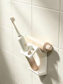 1 pieza Soporte para cepillo de dientes sin taladro, almacenamiento integrado de cepillo de dientes y pasta de dientes, instalación adhesiva fácil, resistente al agua y estable, accesorio organizador de almacenamiento de pared para baño - Blanco - Ver 2
