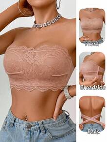 Women's Bandeau Lace Bra, Wireless Cross Back Support, Anti-Slip Side Support, Adjustable Buckle, No Padding Bandeau Bra, Suitable For Matching With Dresses And Tops - Champagne - View 6