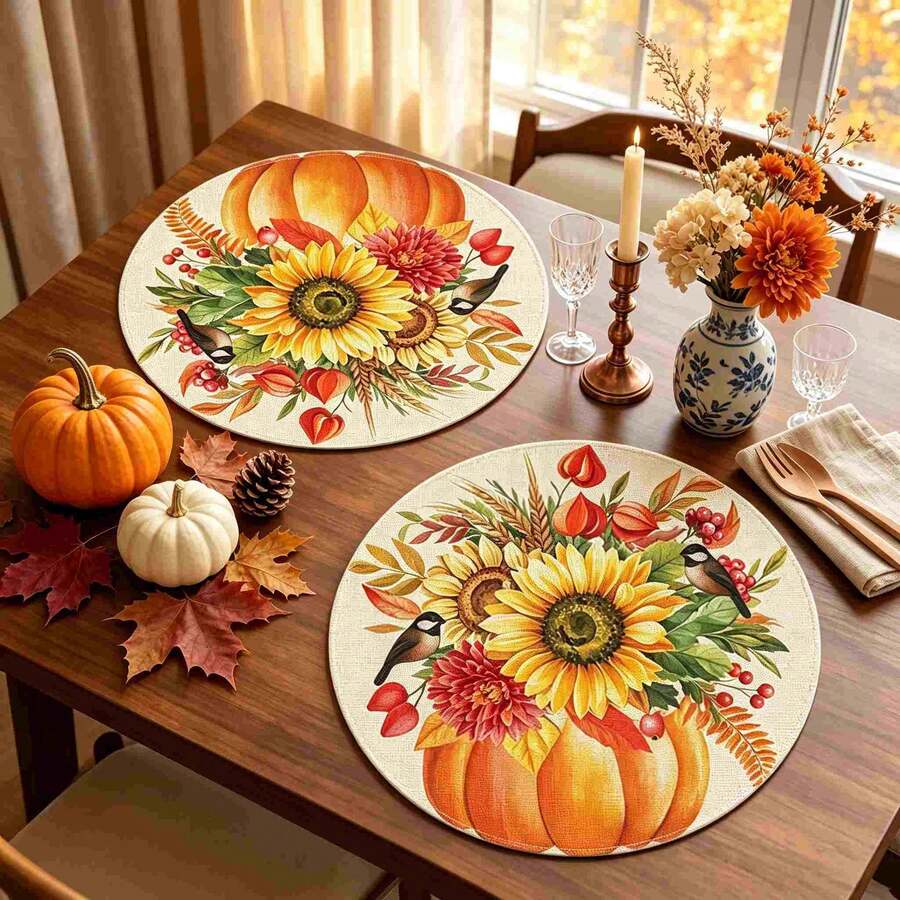 1/4/6pcs Autumn Collection Sunflower Bird Berry Hand-Painted Pattern Placemats, Suitable For Home Kitchen, Made Of Polyester Fiber, Kitchen Table Decoration, And Party Scene Decoration - Multicolor - View 1