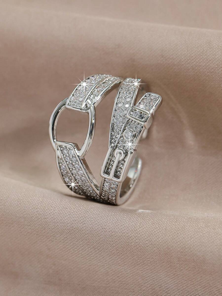 1pc Fashionable Copper Inlaid Zirconia Belt Buckle Ring Women's Jewelry Gift - Silver - View 1