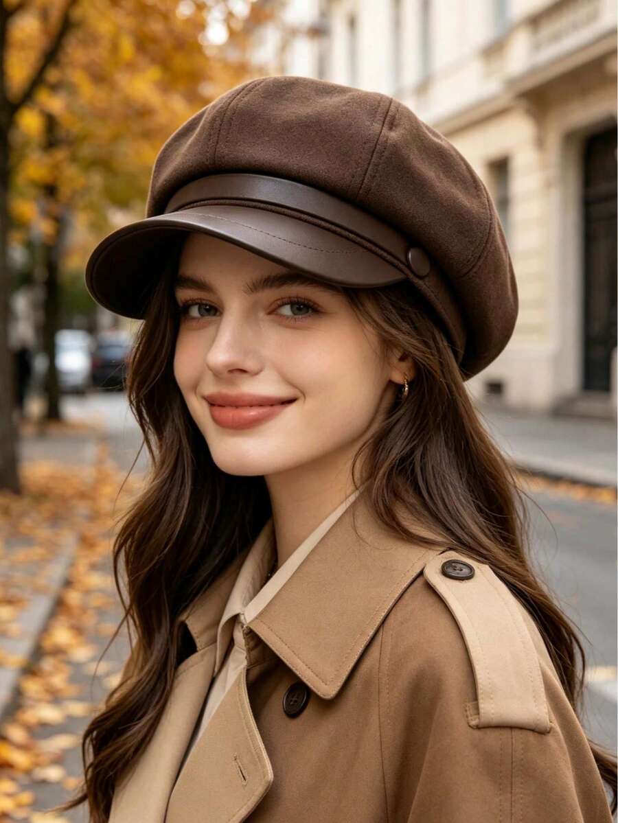 1 chiếc mũ nồi tối giản màu trơn có vành, kích thước điều chỉnh được, mũ thường ngày và công tác cho nữ, phù hợp mùa xuân, thu, đông - Mũ nồi có vành - Xem 1